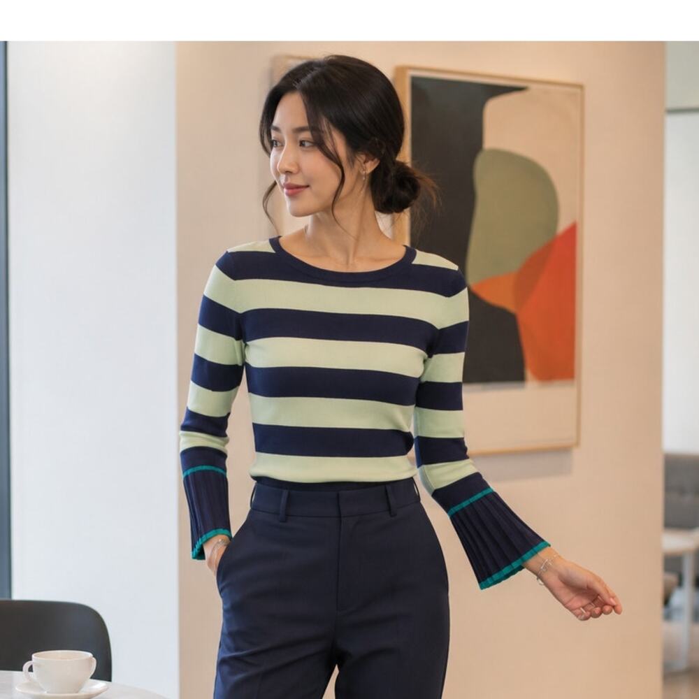 Talbots Navy Mint Stripe Knit Top Small Accordion Pleat Sleeve Mod Preppy